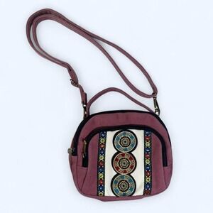 Pink canvas Crossbody Bag With Embroidered Design Boho Festival Summer Spring
